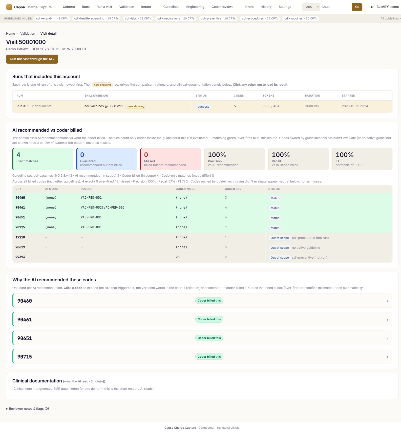 Visit traceability: AI-recommended vs coder-billed codes with match pills and the why-the-AI-recommended-these-codes evidence cards