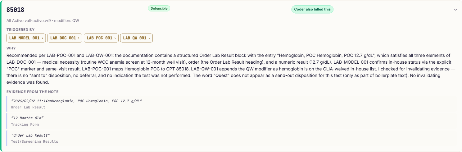 Why each code: the verbatim chart quote and the rule that produced it, expanded for one code