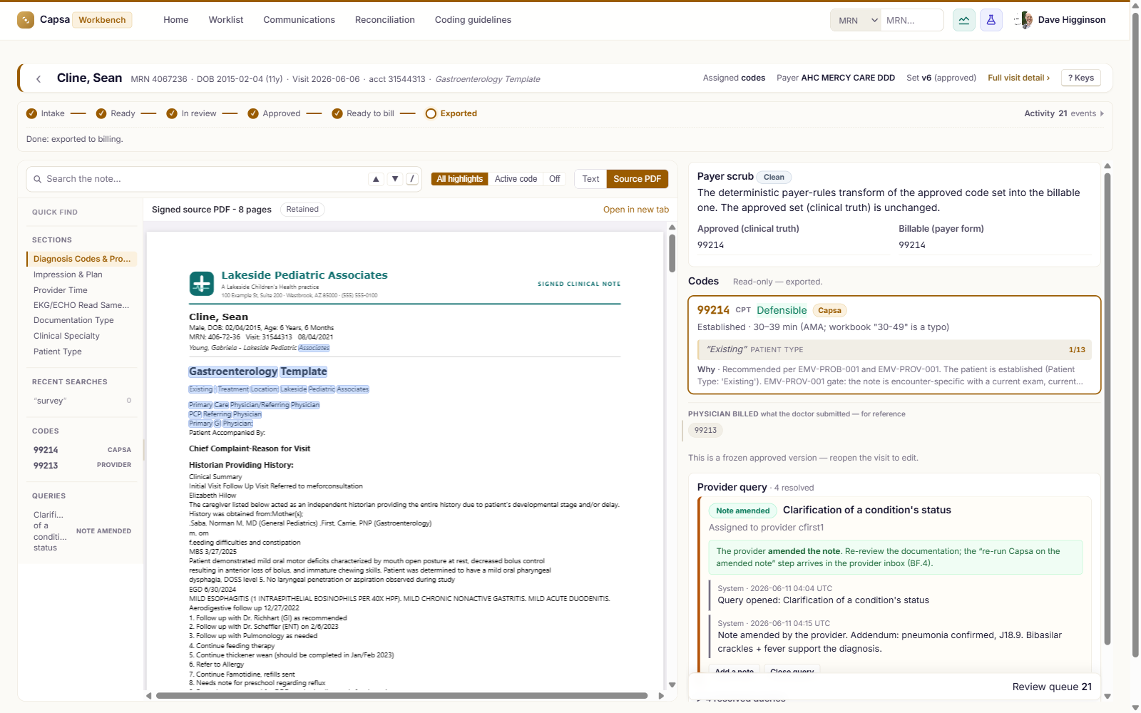The Capsa Workbench review cockpit: the signed source note with highlighted evidence on the left, the recommended codes and a resolved provider query on the right