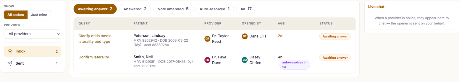 The communications inbox: every provider query and response in one place, filterable by provider, with a live chat panel