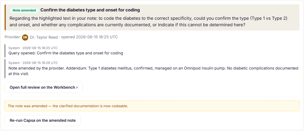 A compliant non-leading provider query, the provider's note amendment in reply, and the now-codeable result