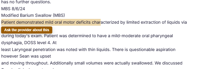 Highlighting a passage in the note brings up an Ask the provider about this affordance