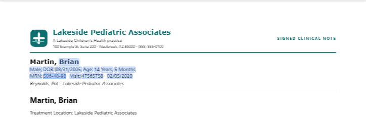 The signed source note rendered as a PDF inside the workbench: the Lakeside Pediatric letterhead and the patient header