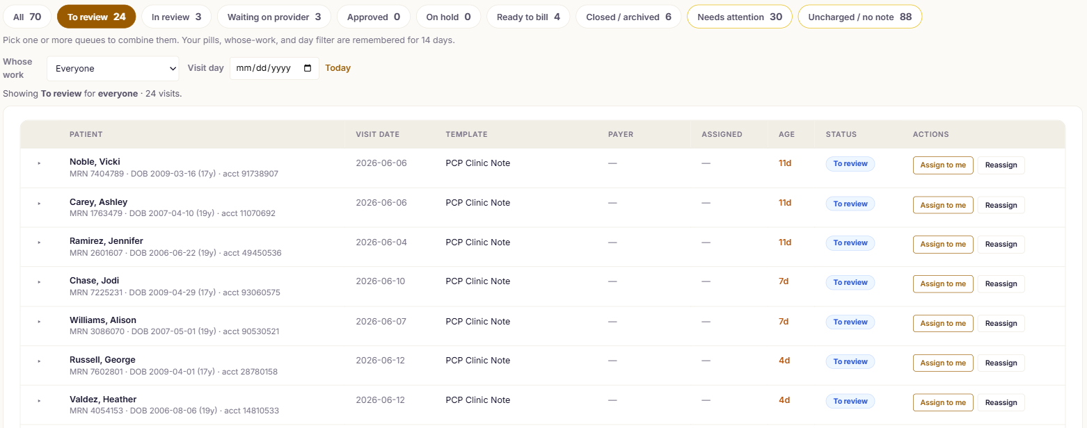 The worklist showing the whole team's queue with patient-led rows, assignees, and assign-to-me actions